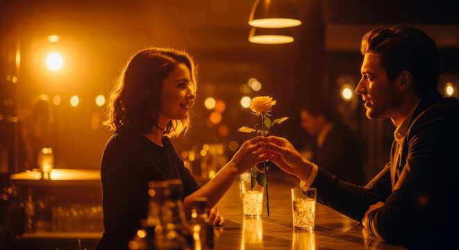 Man gives yellow rose to smiling woman at bar counter, romantic first date flirtation in warm, atmospheric nightlife setting
