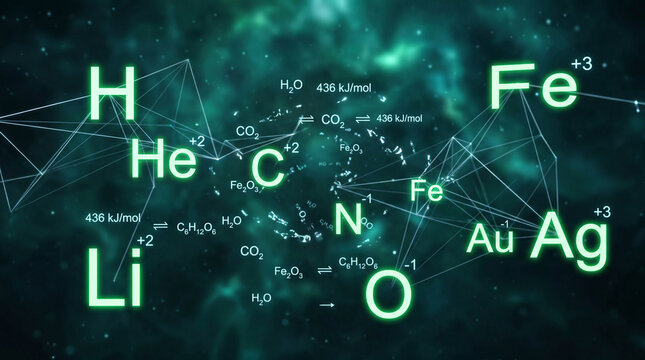 Abstract Chemical Elements and Periodic Table 
Symbols on Dark Teal Background, Chemistry 
Science Concept with Element Symbols, Chemical 
Formulas and Molecular Reactions