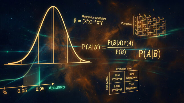 Abstract Mathematical Formulas and Statistical Graphs with Vibrant Nebula Background