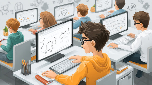 Students learning online with computers in a classroom setting