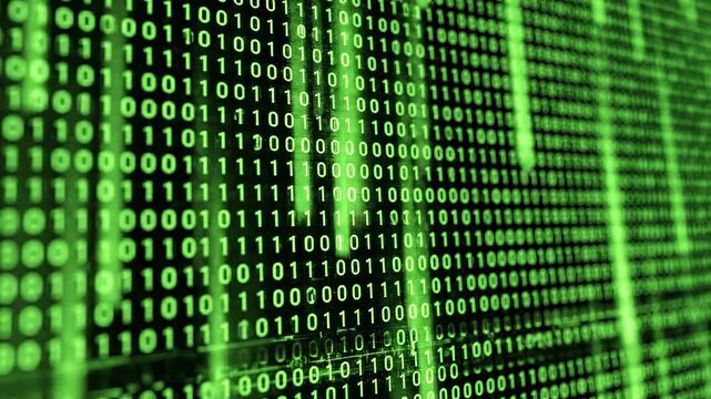 Abstract digital stream of green binary code flowing on a dark background