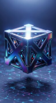 Abstract shimmering hypercube tesseract glowing with iridescent light on a futuristic digital circuit board background, representing multi-dimensional computing and innovation.