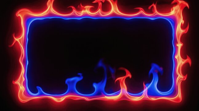 Abstract frame borders with red and blue fire flames against dark background. Energetic fiery shapes create dynamic visual effect. Useful for design elements or background graphics.