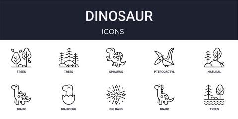 Set of 10 linear Dinosaur icons for interface projects, presentations and web graphics. Outline symbol collection with trees, pterodactyl, diaur, big bang and diaur. © Munis