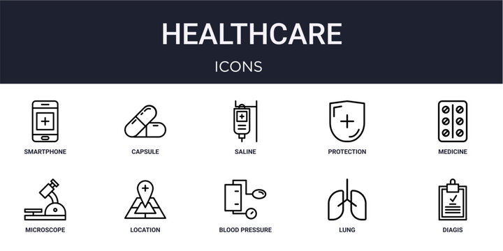 Set of 10 linear Healthcare icons for interface projects, presentations and web graphics. Outline symbol collection with capsule, protection, microscope, blood pressure and lung.