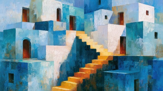 Mediterranean architecture oil painting, blue cubical buildings, sunlit yellow stairs