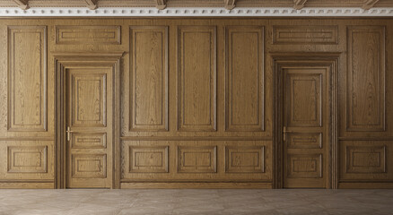 Classic luxury empty room with wooden boiserie on the wall. Oak wall panels, premium cabinet style. © simone_n
