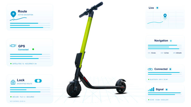 Electric scooter with smart navigation dashboard interface.