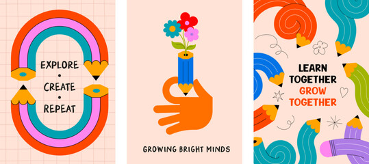 Back to school posters and banners collection with colorful twisted curved pencils, rainbow and flowers. Playful education vector illustration © Marina Zlochin