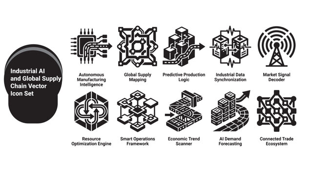 Industrial AI and Global Supply Chain Vector Icon Set