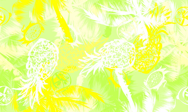 Seamless summer pattern with pineapple and palm trees for beach textiles and accessories. Freehand drybrush technique 