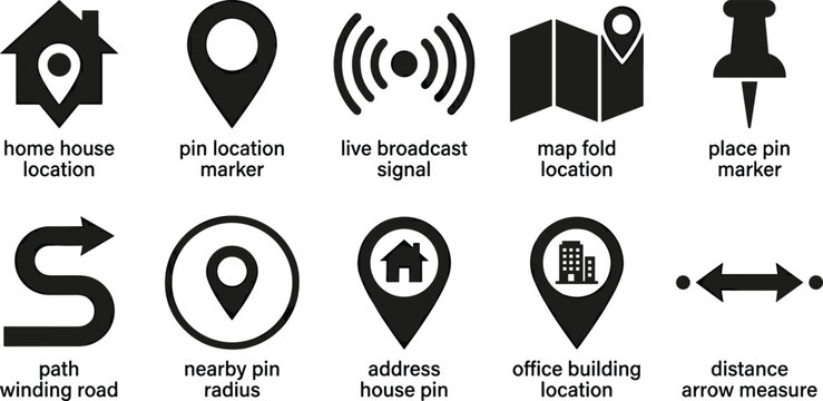 Navigation and map icons: home, pin, signal, map, pushpin, road, radius, and address for locating services.