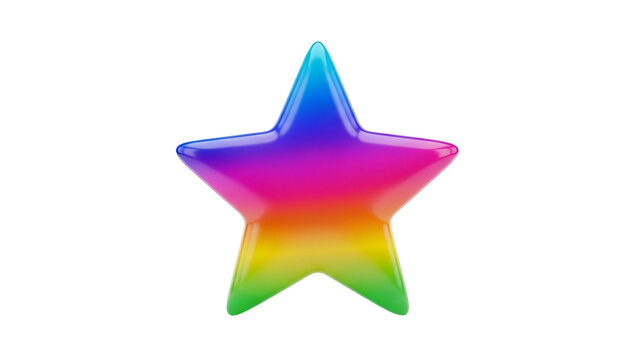 Shiny three dimensional star shape featuring a smooth rainbow gradient surface isolated on a clean and bright white studio background