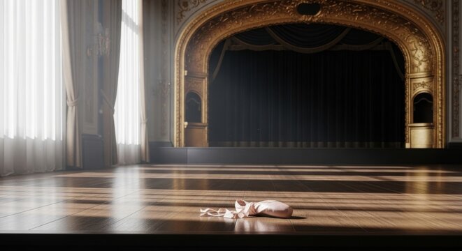 Elegant ballet pointe shoe on a wooden stage floor, bathed in soft light, evoking anticipation for a classical performance.