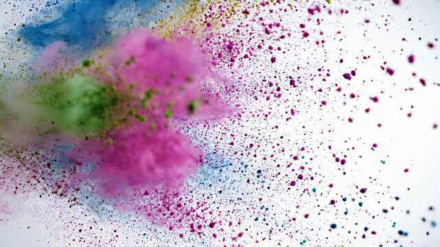 Explosion of vibrant Holi powder in a dynamic cloud of color against a white background