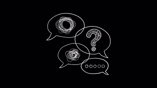 Looped white line speech bubbles animation with question mark and messy tangles. Concept of confusion, anxiety, and misunderstanding on transparent background. Overthinking, mental confusion