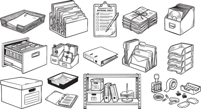 Office Document Workflow Collection &ndash; Hand Drawn Filing, Archive Management, and Paper Organization Engraving Vector Set
