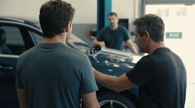 Three men in garage discuss auto repairs. One man points at car dashboard while mechanic checks engine. Friends review vehicle maintenance needs and solutions in workshop.