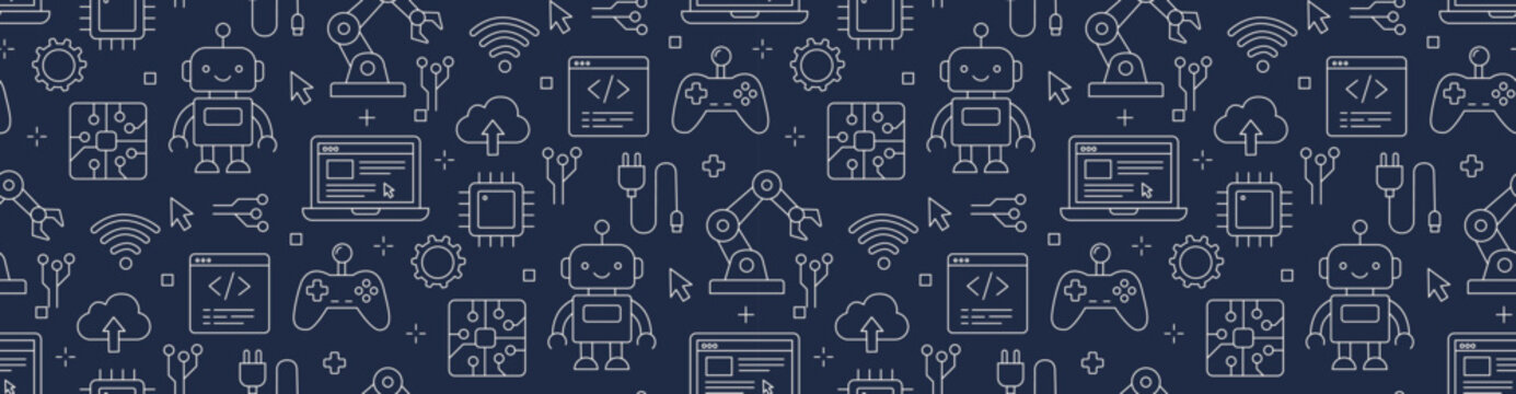 Horizontal seamless vector pattern with robot characters, laptops, robotic arms, and coding windows. Line art educational background for STEM school branding, banners, and wrapping paper.