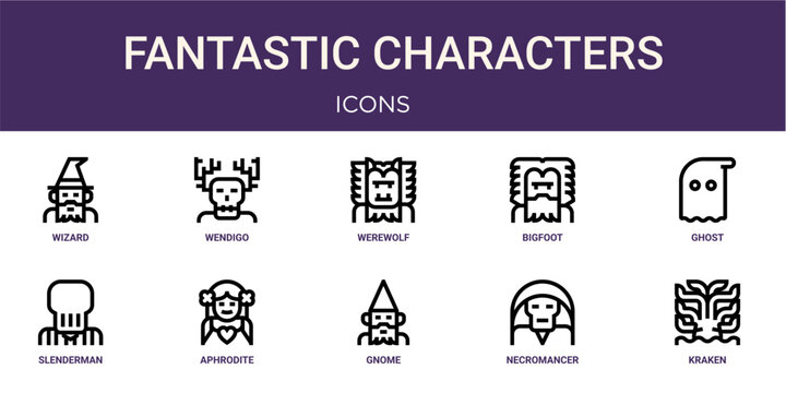 Set of 10 linear Fantastic Characters icons for interface projects, presentations and web graphics. Outline symbol collection with wendigo, bigfoot, slenderman, gnome and necromancer.