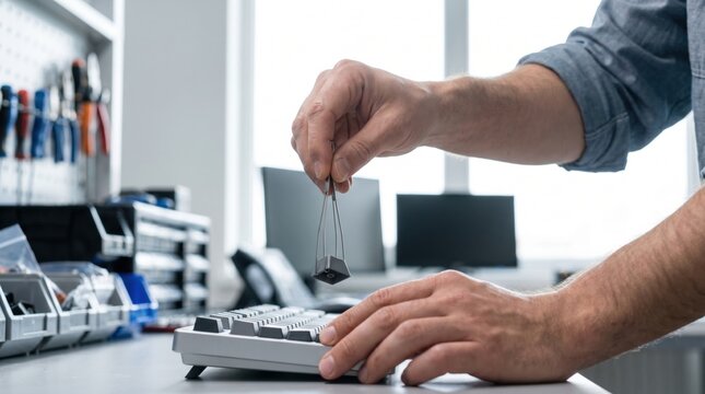 Person using a wire keycap puller to remove a key from a mechanical keyboard
