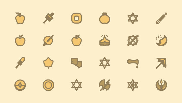 A collection of 24 stylized, golden-yellow icons on a pale yellow background, featuring various symbols and objects.