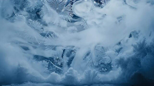 Abstract frozen patterns and swirling mist in mesmerizing close-up