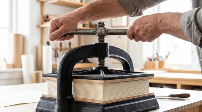Bookbinder turning the handle of a heavy cast iron book press in a bindery