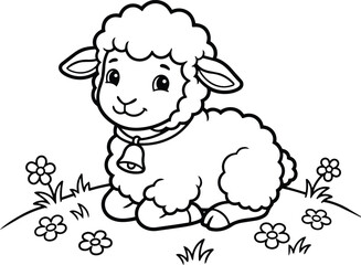 Obraz premium Coloring friendly sheep on a sunny hill with flowers and a bell