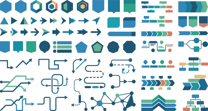 Data visualization infographic elements set with charts, arrows, flow diagrams and geometric UI components for business analytics dashboards presentation reporting design assets