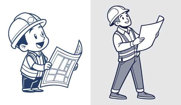 Construction worker cartoon mascot with blueprint vector illustration set
