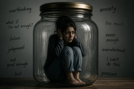 Glass jar confines a girl in distress. She grips her head, eyes closed, overwhelmed. Words float around her: fear, pressure, failure, loss. Her posture shows deep anxiety and self-doubt