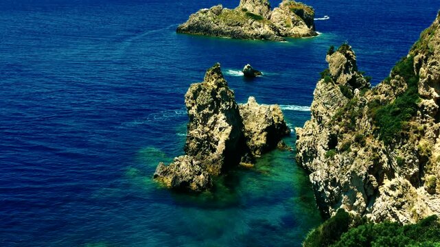 Scenic Landscape Of High Rocky Cliffs. Incredible Tropical Coastal Nature Seashore View. Idyllic Vacation Island Destination