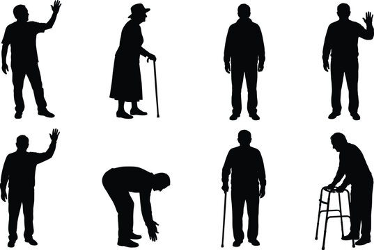 Elderly people silhouettes set showing senior citizens waving walking with cane and using a walker frame