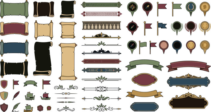Medieval Fantasy UI Game Asset Collection Featuring Decorative Banners, Ornamental Frames, Shields, Badges and Interface Elements for RPG Design