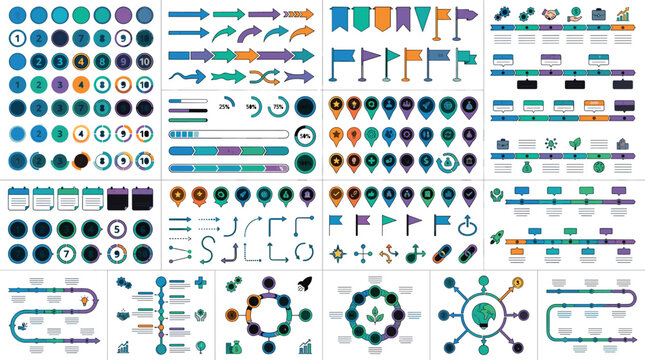 Mega infographic vector elements bundle featuring timeline charts roadmap milestones process flows and icons for business dashboard ui presentation design templates