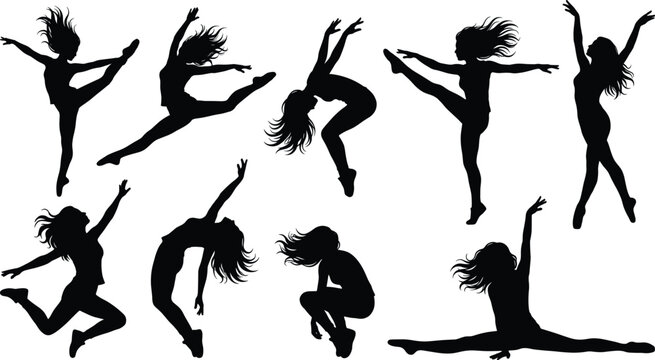 Silhouette collection of dynamic female dancers performing elegant ballet jumps, modern jazz poses, and athletic contemporary choreography