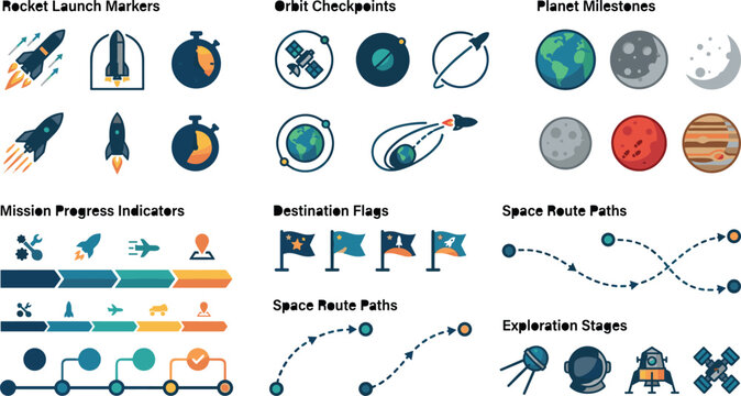 Space exploration theme infographic vector elements kit featuring rocket launch icons planet milestones and mission roadmaps for business gamification dashboards project tracking presentation designs