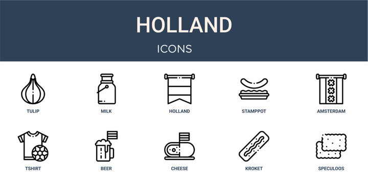 Set of 10 linear Holland icons for interface projects, presentations and web graphics. Outline symbol collection with milk, stamppot, tshirt, cheese and kroket.