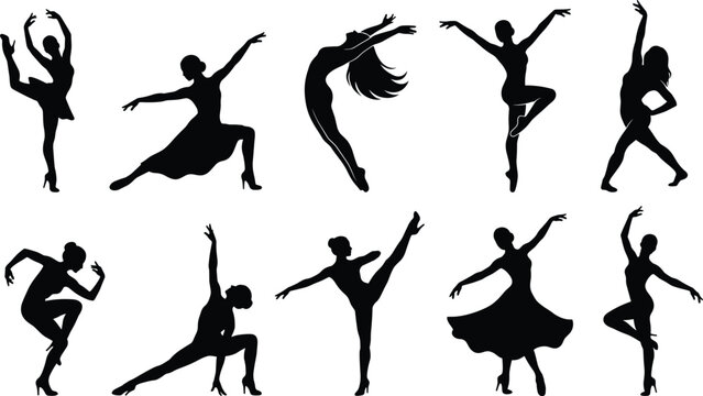 Silhouette collection of professional female dancers performing elegant ballet movements ballroom dancing and contemporary choreography