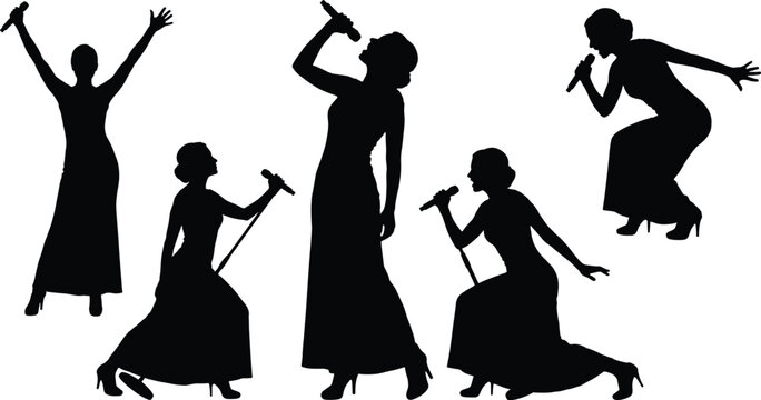 Woman vocalist silhouettes set with female singers performing live in long dresses isolated on white background