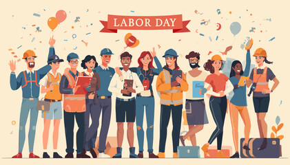 Fototapeta premium A diverse group of workers celebrating Labor Day with balloons and confetti, representing various professions and unity.