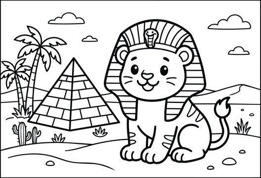 Playful cat in pharaoh hat with pyramid scene in desert illustration cartoon
