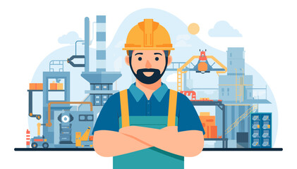 A confident male construction worker in a yellow hard hat stands with his arms crossed in front of a factory complex with cranes and industrial buildings. © budi