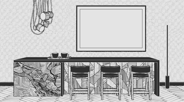 Modern minimalist interior mockup with a bar counter and furniture stools in a stylish cafe featuring a blank frame on the wall for art display.