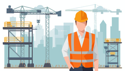 A construction worker in a hard hat and safety vest stands in front of a city skyline with cranes and scaffolding. © budi