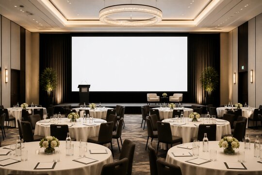 Elegant conference hall with circular chandelier. Tables set for formal event with white linens. Large screen dominates the back wall. Dark curtains frame the screen and stage
