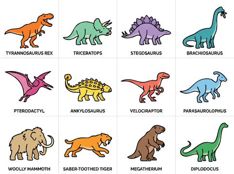 Dinosaur illustrations in cartoon style.