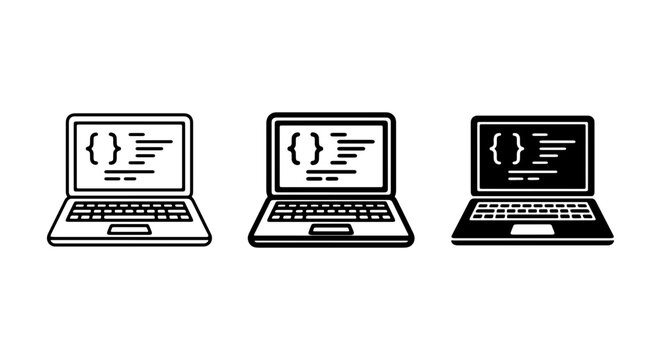 Software programming laptop icons, coding and web development vector set, computer engineering and script line art