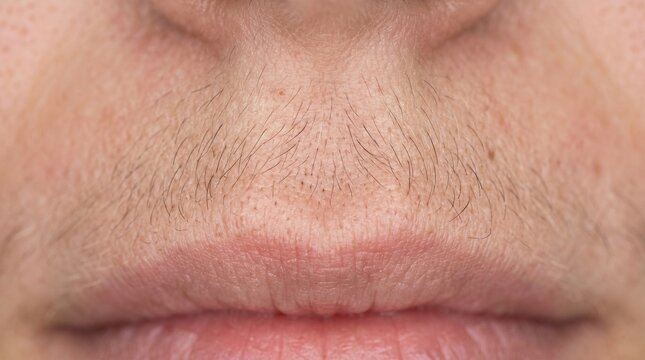 Extreme macro close-up of a woman's upper lip with unwanted facial hair. Hirsutism, hormonal imbalance, and laser hair removal depilation concept